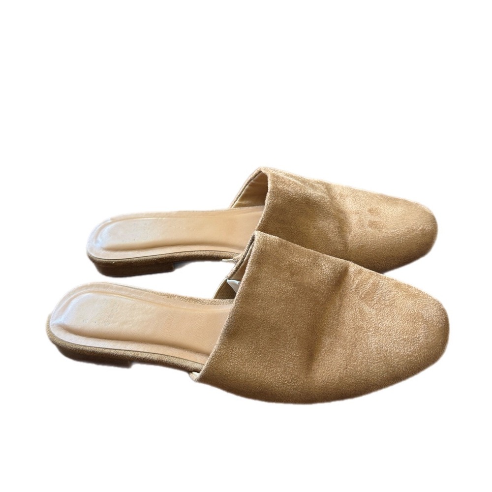 A New Day Mules Women 8 Tan Good Faux Suede Almond Toe Slip On Flat Slides